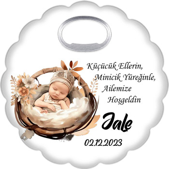 Sonbahar Çiçekleri ile Sepette Bebek Temalı Çiçek Şekilli Magnet Açacak