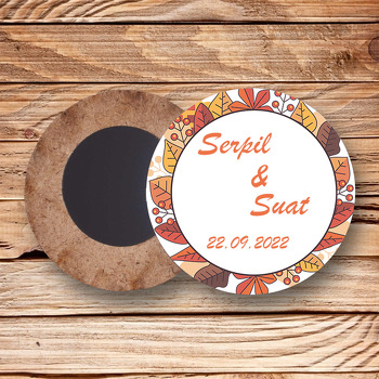 Sonbahar Yaprakları ile Beyaz Çerçeve Temalı Daire Ahşap Magnet