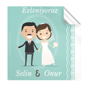 Su Yeşili Zeminli Gelin Damat Temalı Kare Etiket