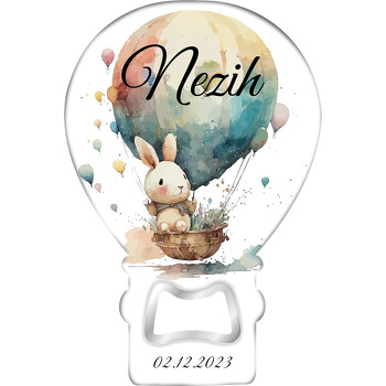 Suluboya Efektli Uçan Balonda Tavşan Temalı Balon Ahşap Magnet 
