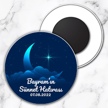Sünnet Hatırası ile Hilal ve Mavi Yıldız Temalı Daire Plastik Magnet