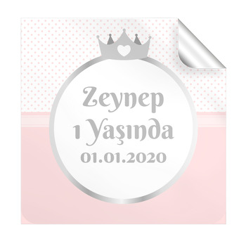 Taç ve Pembe Puantiyeli Prenses Temalı Kare Etiket