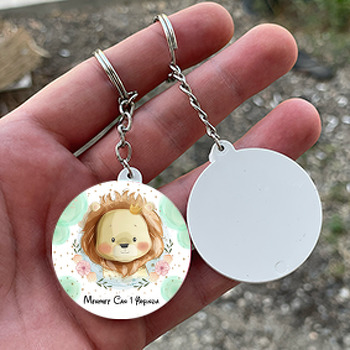 Taçlı Aslan ile Soft Yeşil Benekler Temalı Daire Plastik Doğum Günü Anahtarlık