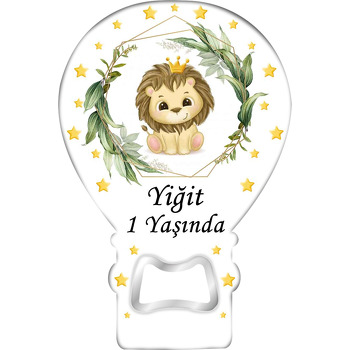 Taçlı Aslan ile Yeşil Yaprak Çerçeve Temalı Balon Ahşap Magnet 