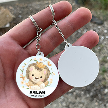 Taçlı Aslan Mavi Fon Temalı Daire Plastik Anahtarlık