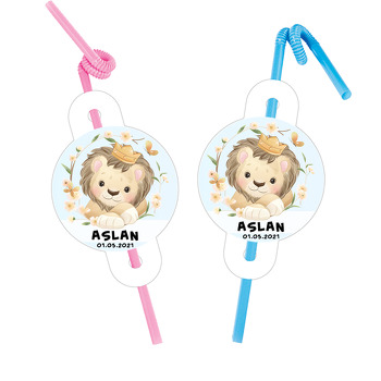 Taçlı Aslan Mavi Fon Temalı Pipet ve Kartı