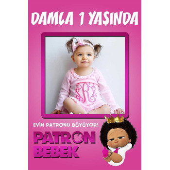 Taçlı Kız Patron Bebek Pembe Fon Temalı Doğum Günü Magnet