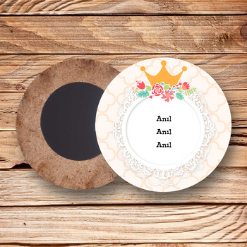 Taçlı Prenses Temalı Ahşap Daire Magnet