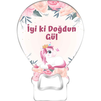Taçlı Unicorn ile Güller Temalı Balon Ahşap Magnet 
