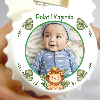 Taçlı Yavru Aslan ile Yapraklar Temalı Kapak Şekilli Magnet Açacak
