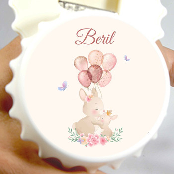 Tavşan Anne Çocuk ile Pembe Balonlar Temalı Kapak Şekilli Magnet Açacak