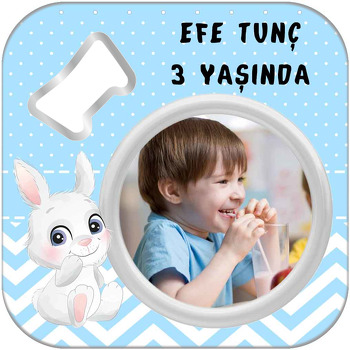 Tavşan ile Mavi Puantiye Fon Temalı Kare Magnet Açacak