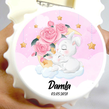 Tavşanlar ile Güllü Ay Pembe Fon Temalı Kapak Şekilli Magnet Açacak