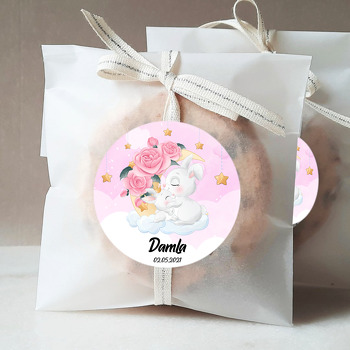Tavşanlar ile Güllü Ay Pembe Fon Temalı Sticker