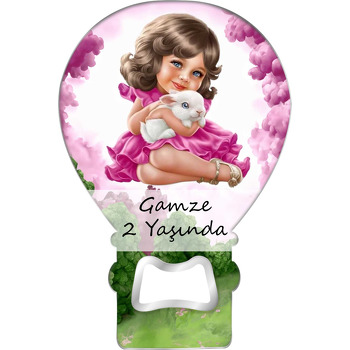 Tavşanlı Kız ile Pembe Orman Temalı Balon Ahşap Magnet 