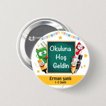 Tebeşir Tahtası ile Sevimli Kalemler Temalı İğneli Buton Rozet