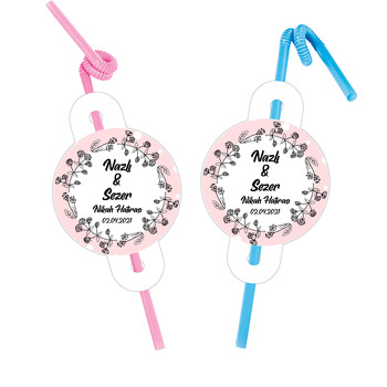 Toz Pembe Puantiye Fonda Meyve Dalı Çerçeve Temalı Pipet ve Kartı