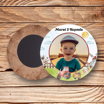 Traktör Çiftlikte Temalı Resimli Ahşap Daire Magnet