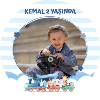 Tren ile Sevimli Hayvanlar Temalı Resimli Akrilik Daire Magnet