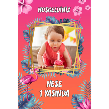 Tropikal Çerçeve İle Flamingo Temalı Doğum Günü Magnet