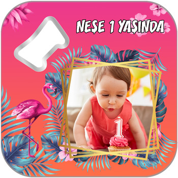 Tropikal Çerçeve İle Flamingo Temalı Kare Magnet Açacak