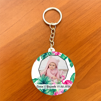 Tropikal Flamingo Temalı Resimli Daire Plastik Anahtarlık