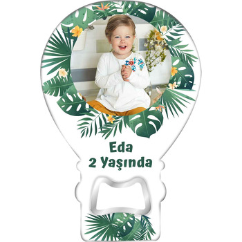 Tropikal Yaprak Çerçeve ile Çiçekler Temalı Balon Ahşap Magnet 