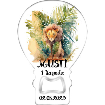 Tropikal Yaprak Ormanı ile Aslan Temalı Balon Ahşap Magnet 