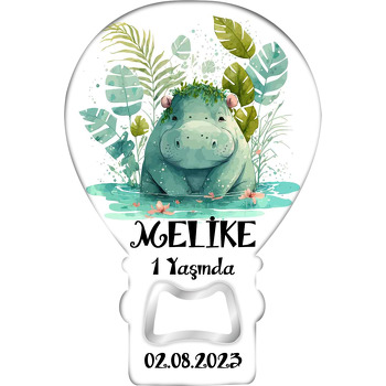 Tropikal Yapraklar ile Hipopotam Temalı Balon Ahşap Magnet 
