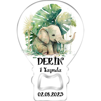 Tropikal Yapraklar ile Yavru Fil Temalı Balon Ahşap Magnet 