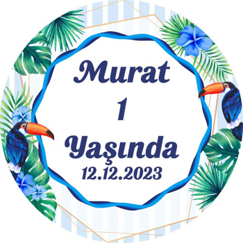 Tukan Kuşu ile Mavi Çiçekler Temalı Akrilik Daire Magnet