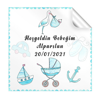 Turkuaz Leylek ile Bebek Temalı Kare Parti Etiket