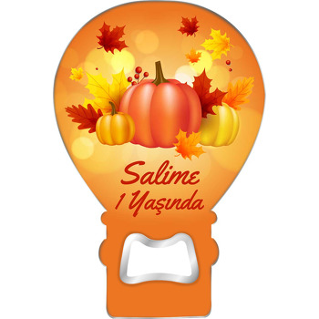 Turuncu Balkabağı ile Sonbahar Yaprakları Temalı Balon Ahşap Magnet 