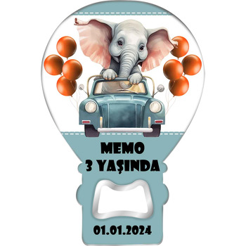 Turuncu Balonlu Arabalı Fil Temalı Balon Ahşap Magnet 