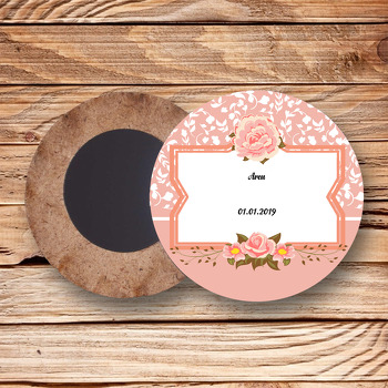 Turuncu Çiçek  Temalı Ahşap Daire Magnet
