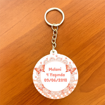 Turuncu Kelebek Temalı Daire Plastik Anahtarlık