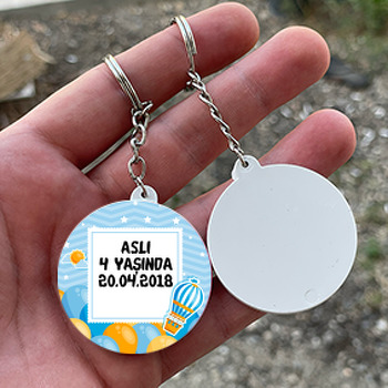 Turuncu Mavi Uçan Balon Temalı Daire Plastik Anahtarlık