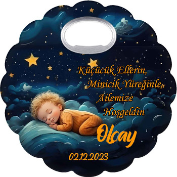 Turuncu Yıldızlar Arasında Uyuyan Bebek Temalı Çiçek Şekilli Magnet Açacak