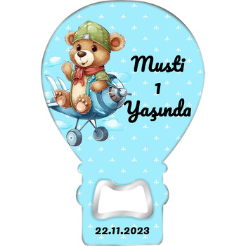 Uçakta Ayıcık Pilot ile Mavi Fon Temalı Balon Ahşap Magnet 