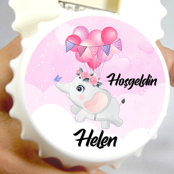 Uçan Sevimli Fil ile Pembe Balonlar Temalı Kapak Şekilli Magnet Açacak
