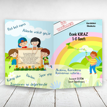 Uçurtma ile Gökkuşağı Temalı Okul Karne Kılıfı