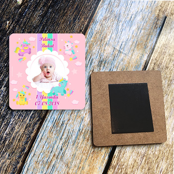 Unicorn Gökkuşağı Temalı Doğum Günü  Ahşap Magnet