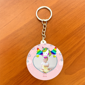 Unicorn Gökkuşağı Temalı Resimli Daire Plastik Anahtarlık