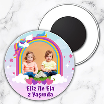 Unicorn İkiz Kız Temalı Daire Plastik Magnet