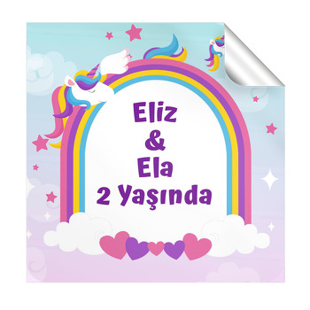 Unicorn İkiz Kız Temalı Kare Parti Etiket