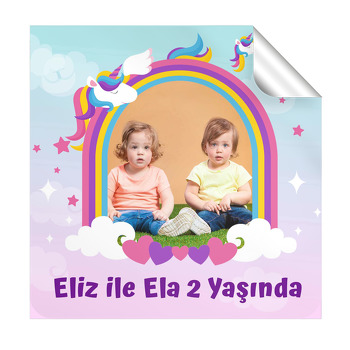 Unicorn İkiz Kız Temalı Kare Parti Etiket