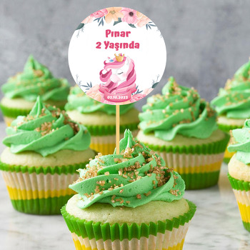 Unicorn ile Sarı Pembe Çiçekler Temalı Parti Kürdan Süs