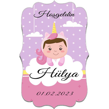 Unicorn Kostümlü Kız Çocuk ile Mor Pembe Fon Temalı Özel Kesim Magnet