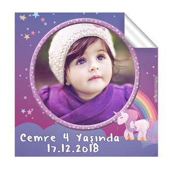 Unicorn Mor Temalı Doğum Günü  Kare Etiket