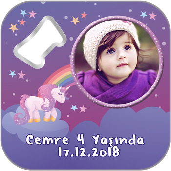 Unicorn  Mor Temalı Kare Magnet Açacak